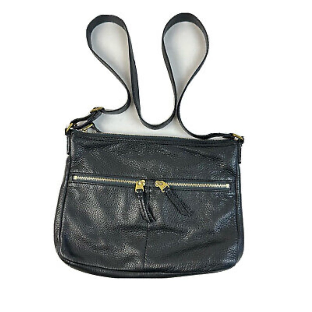 Fossil Leather Crossbody Purse Black Bag Solid Womens Zipper Front Classic